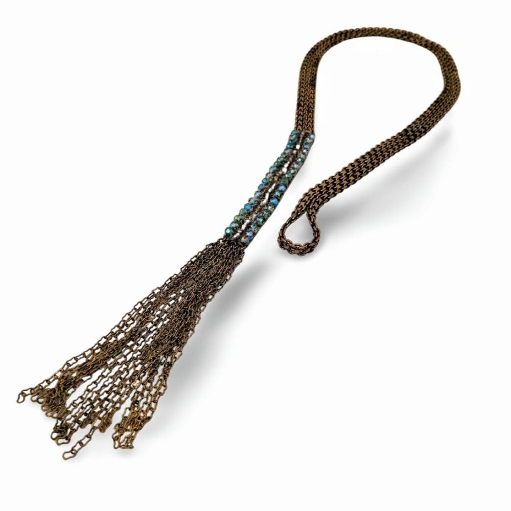 Elegant Antique Gold Aurora Caviar Bead Fringe Tassel Chain 31” Necklace JW1540